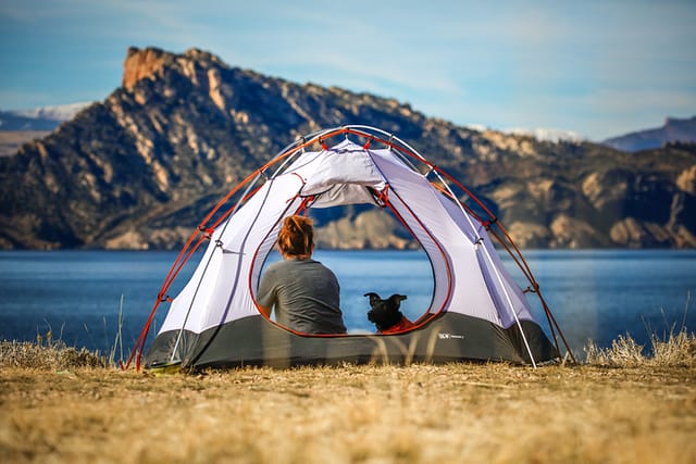 Woman with dog in a tent by a body of water