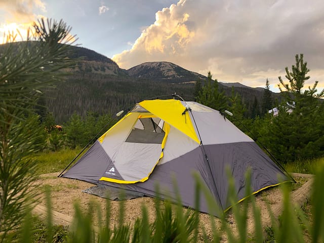Gray and yellow tent in the forest with mountains